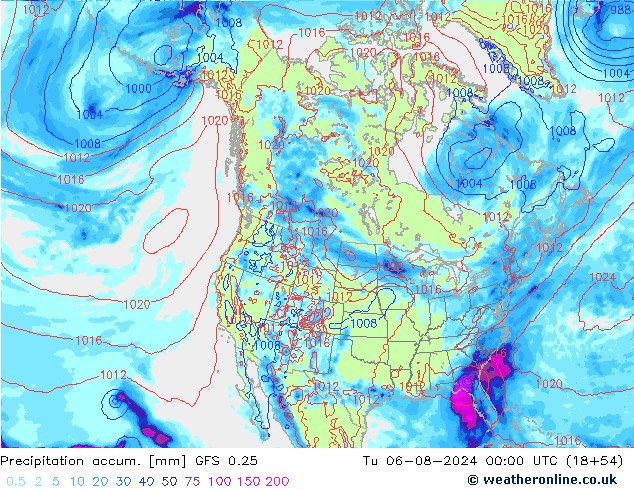 Totale neerslag GFS 0.25 di 06.08.2024 00 UTC