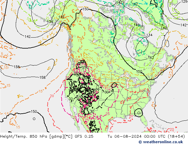 Hoogte/Temp. 850 hPa GFS 0.25 di 06.08.2024 00 UTC