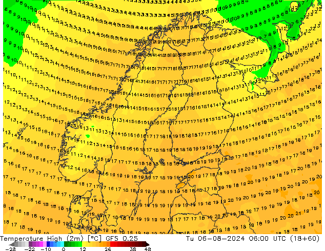 Max.temperatuur (2m) GFS 0.25 di 06.08.2024 06 UTC