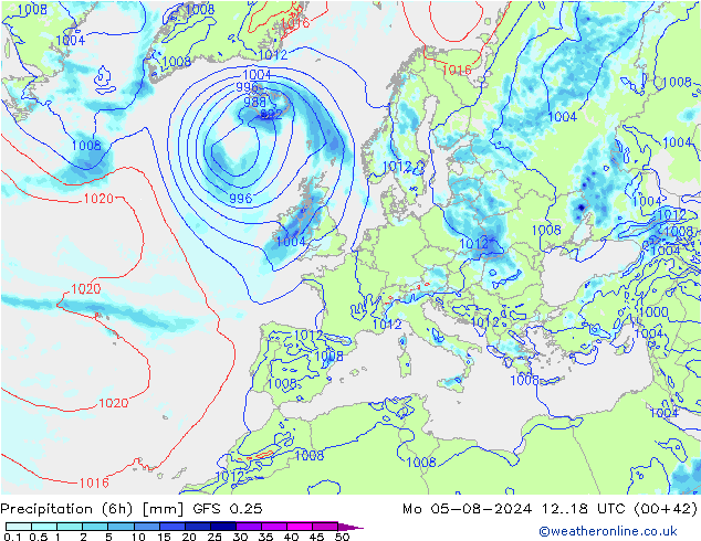 Totale neerslag (6h) GFS 0.25 ma 05.08.2024 18 UTC