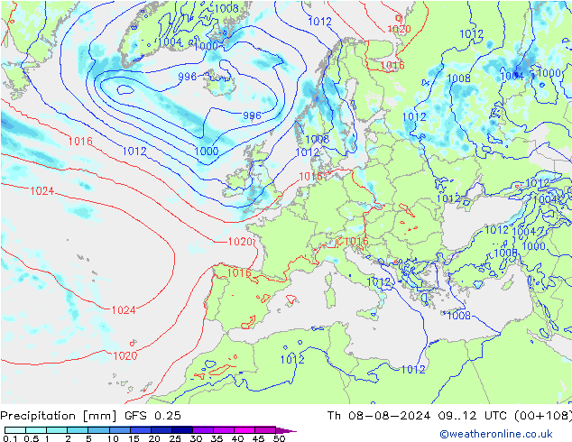 降水 GFS 0.25 星期四 08.08.2024 12 UTC