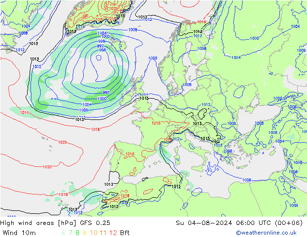 High wind areas GFS 0.25 星期日 04.08.2024 06 UTC