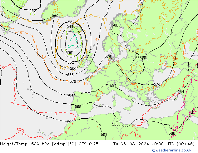 Hoogte/Temp. 500 hPa GFS 0.25 di 06.08.2024 00 UTC