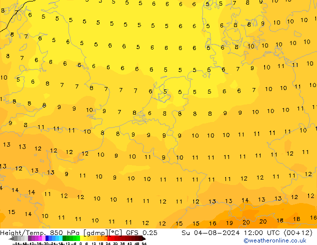 Z500/Rain (+SLP)/Z850 GFS 0.25 星期日 04.08.2024 12 UTC