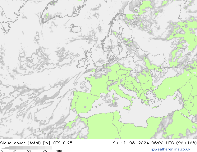 Bewolking (Totaal) GFS 0.25 zo 11.08.2024 06 UTC