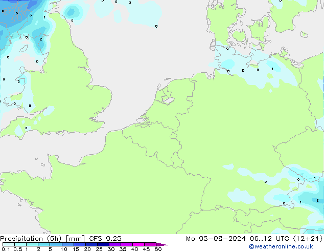 Totale neerslag (6h) GFS 0.25 ma 05.08.2024 12 UTC
