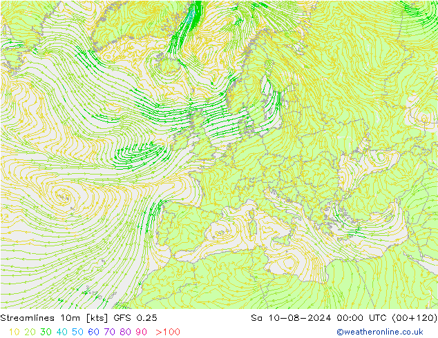 Stroomlijn 10m GFS 0.25 za 10.08.2024 00 UTC