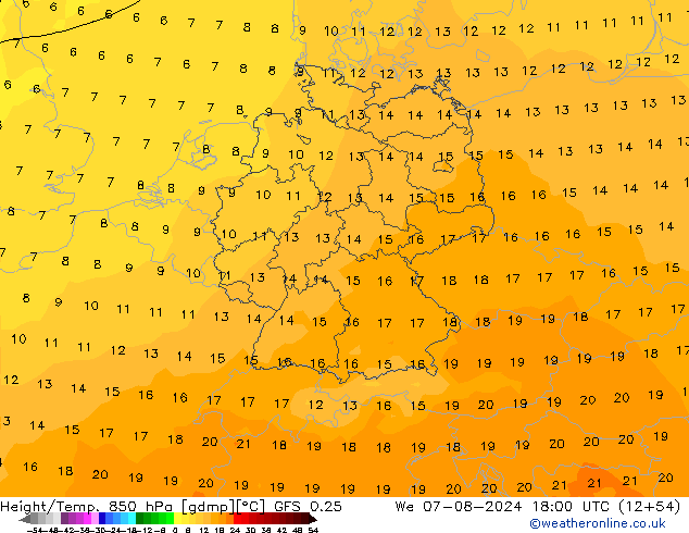 Height/Temp. 850 hPa GFS 0.25 星期三 07.08.2024 18 UTC