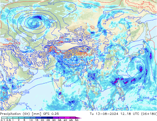Totale neerslag (6h) GFS 0.25 di 13.08.2024 18 UTC