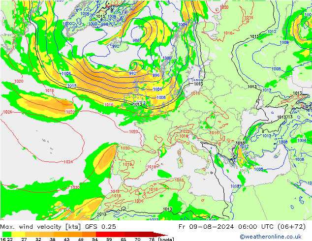 Max. wind velocity GFS 0.25 星期五 09.08.2024 06 UTC