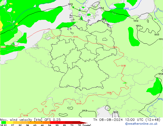 Max. wind velocity GFS 0.25 星期四 08.08.2024 12 UTC