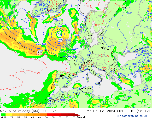 Max. wind snelheid GFS 0.25 wo 07.08.2024 00 UTC