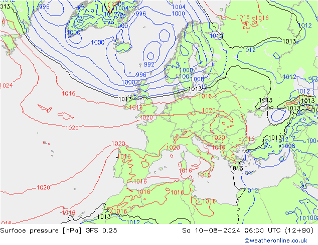 地面气压 GFS 0.25 星期六 10.08.2024 06 UTC