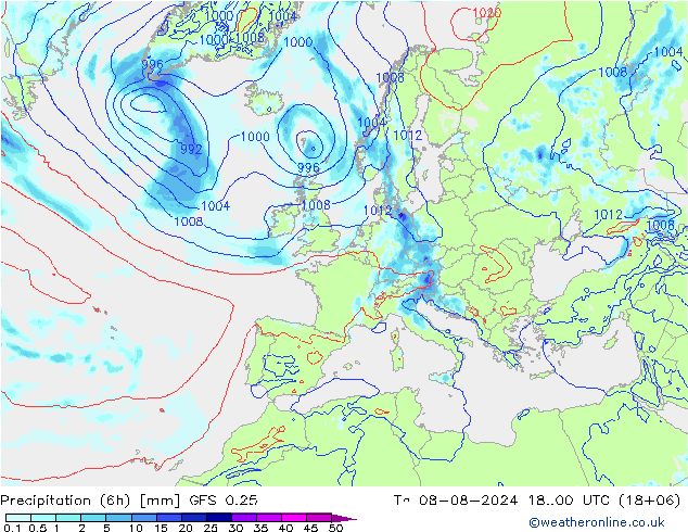 Z500/Rain (+SLP)/Z850 GFS 0.25 星期四 08.08.2024 00 UTC