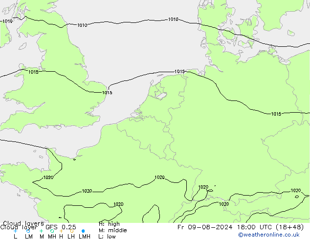 Cloud layer GFS 0.25 星期五 09.08.2024 18 UTC