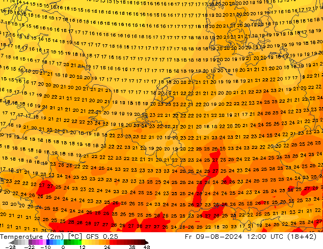 温度图 GFS 0.25 星期五 09.08.2024 12 UTC