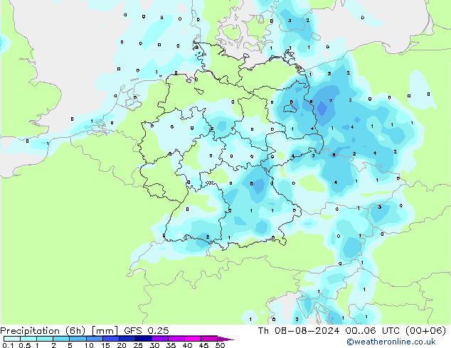 Z500/Rain (+SLP)/Z850 GFS 0.25 星期四 08.08.2024 06 UTC