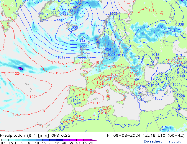 Z500/Rain (+SLP)/Z850 GFS 0.25 星期五 09.08.2024 18 UTC