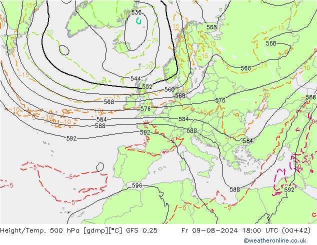 Z500/Rain (+SLP)/Z850 GFS 0.25 星期五 09.08.2024 18 UTC