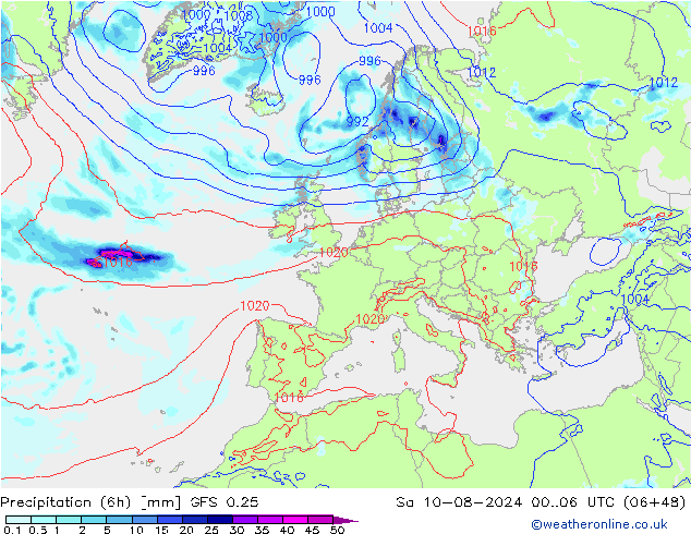 Z500/Rain (+SLP)/Z850 GFS 0.25 星期六 10.08.2024 06 UTC