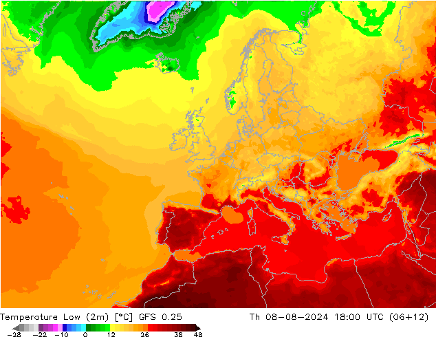 Min.temperatuur (2m) GFS 0.25 do 08.08.2024 18 UTC