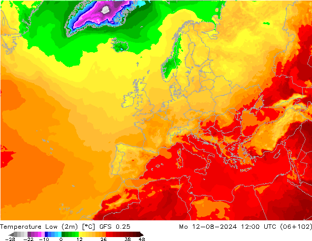 Min.temperatuur (2m) GFS 0.25 ma 12.08.2024 12 UTC