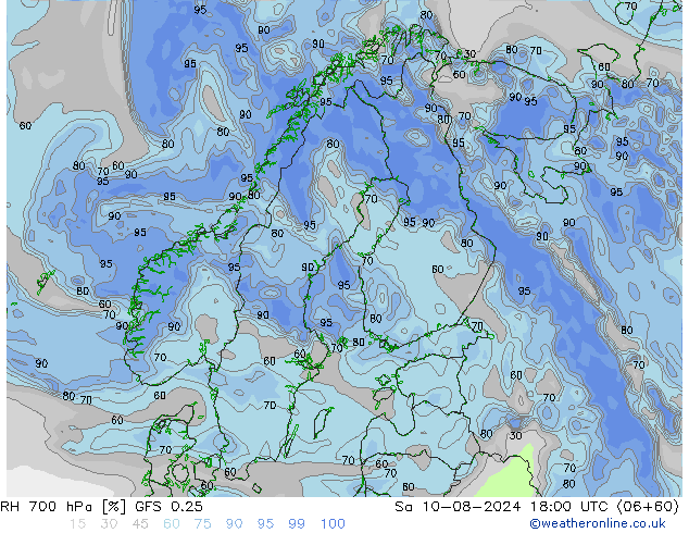 RH 700 hPa GFS 0.25 星期六 10.08.2024 18 UTC