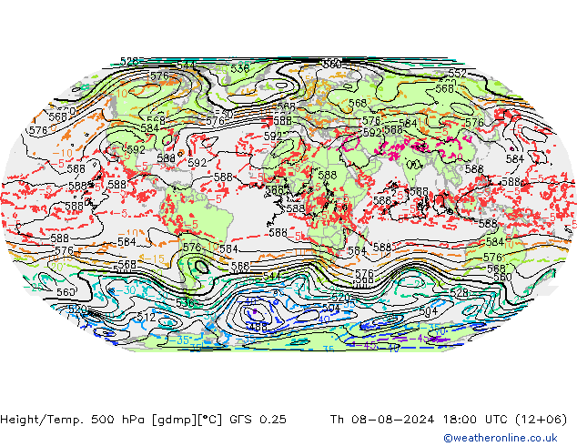 Z500/Rain (+SLP)/Z850 GFS 0.25 星期四 08.08.2024 18 UTC