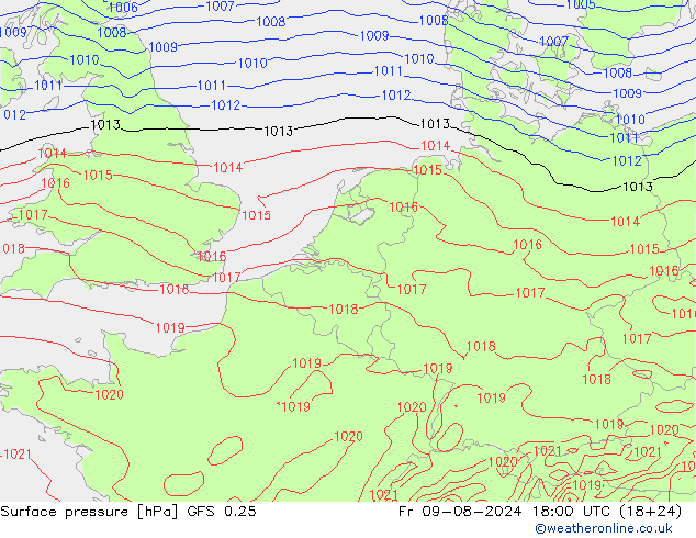 Luchtdruk (Grond) GFS 0.25 vr 09.08.2024 18 UTC