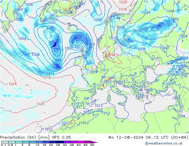 Z500/Rain (+SLP)/Z850 GFS 0.25 星期一 12.08.2024 12 UTC