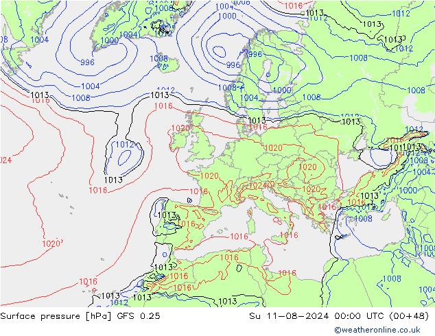 地面气压 GFS 0.25 星期日 11.08.2024 00 UTC