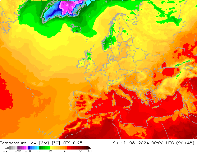 Temperature Low (2m) GFS 0.25 星期日 11.08.2024 00 UTC