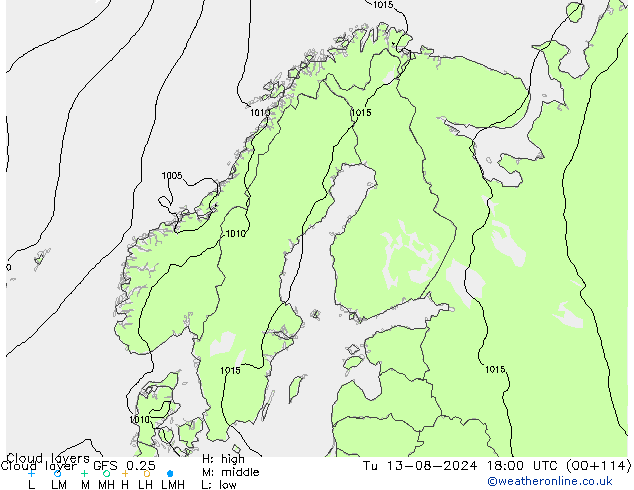 Cloud layer GFS 0.25 星期二 13.08.2024 18 UTC