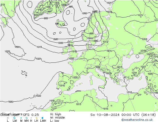 Cloud layer GFS 0.25 星期六 10.08.2024 00 UTC