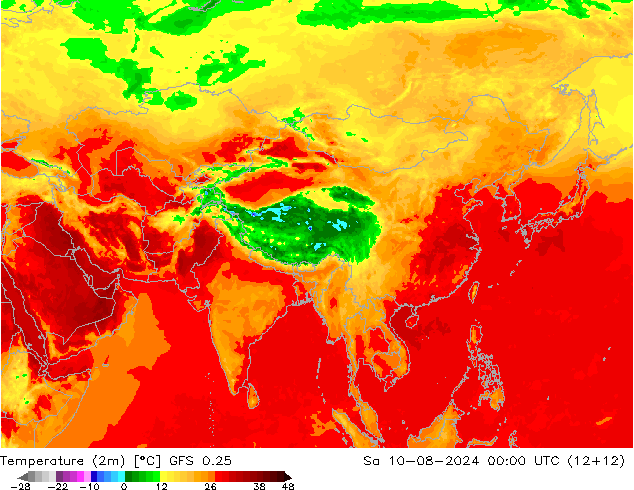 Temperatuurkaart (2m) GFS 0.25 za 10.08.2024 00 UTC