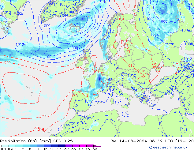 Z500/Regen(+SLP)/Z850 GFS 0.25 wo 14.08.2024 12 UTC