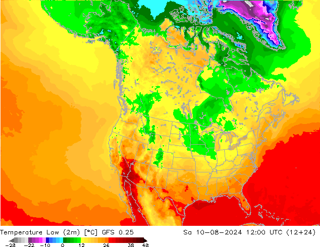 Min.temperatuur (2m) GFS 0.25 za 10.08.2024 12 UTC