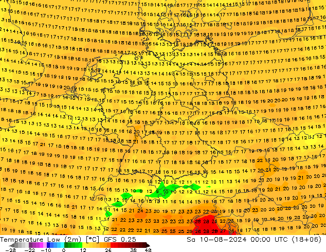 Min.temperatuur (2m) GFS 0.25 za 10.08.2024 00 UTC