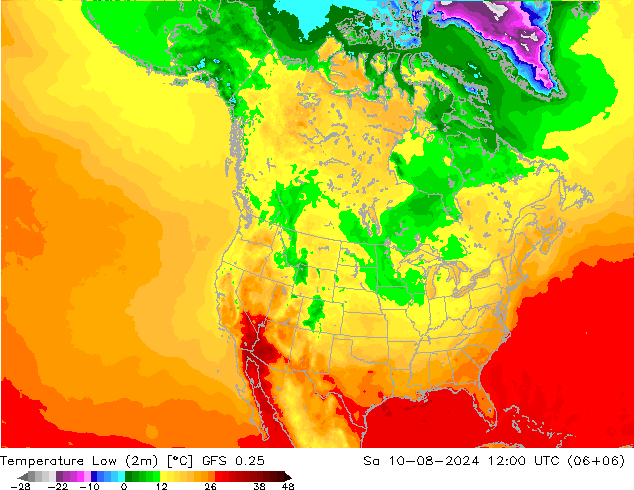 Temperature Low (2m) GFS 0.25 星期六 10.08.2024 12 UTC