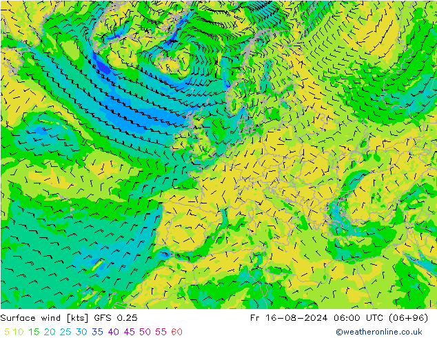 Wind 10 m GFS 0.25 vr 16.08.2024 06 UTC