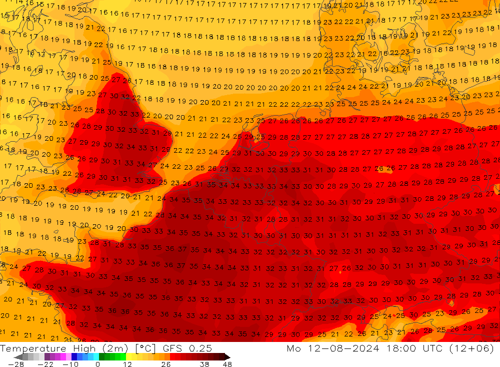 Temperature High (2m) GFS 0.25 星期一 12.08.2024 18 UTC