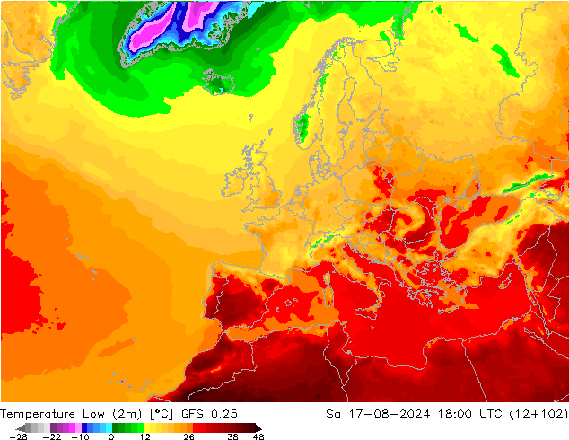 Min.temperatuur (2m) GFS 0.25 za 17.08.2024 18 UTC