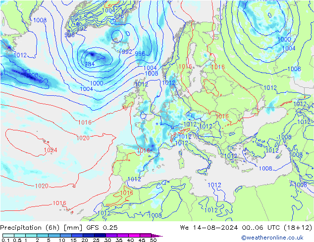 Totale neerslag (6h) GFS 0.25 wo 14.08.2024 06 UTC