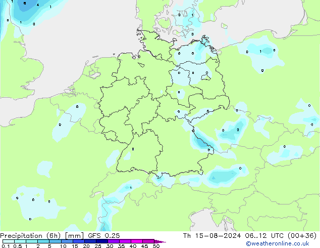 Totale neerslag (6h) GFS 0.25 do 15.08.2024 12 UTC