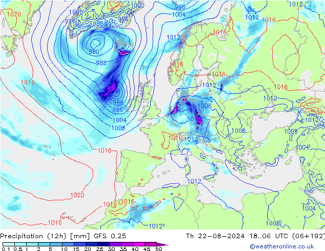 Totale neerslag (12h) GFS 0.25 do 22.08.2024 06 UTC