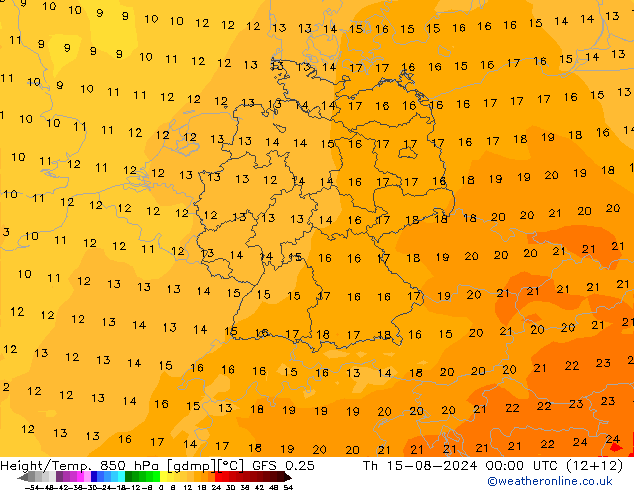 Height/Temp. 850 hPa GFS 0.25 星期四 15.08.2024 00 UTC