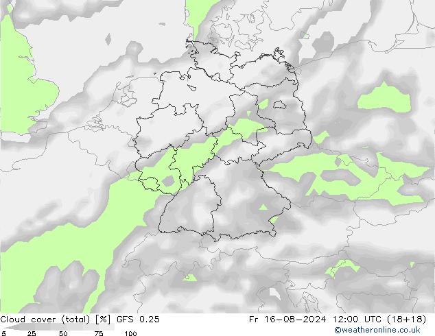 Bewolking (Totaal) GFS 0.25 vr 16.08.2024 12 UTC