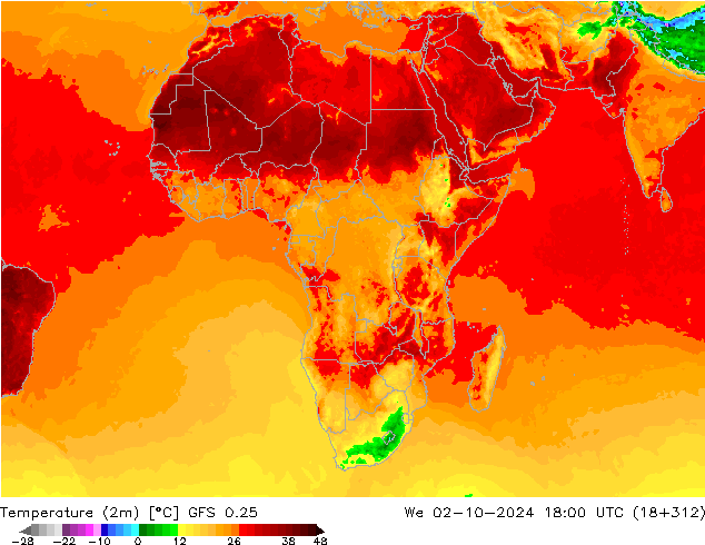 Temperature (2m) GFS 0.25 St 02.10.2024 18 UTC