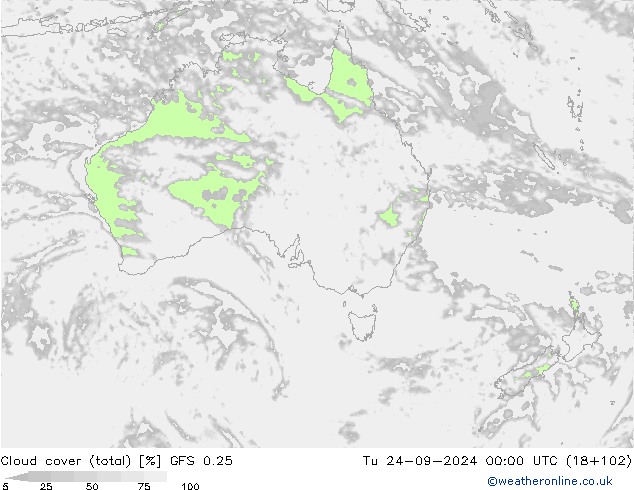 Cloud cover (total) GFS 0.25 Tu 24.09.2024 00 UTC