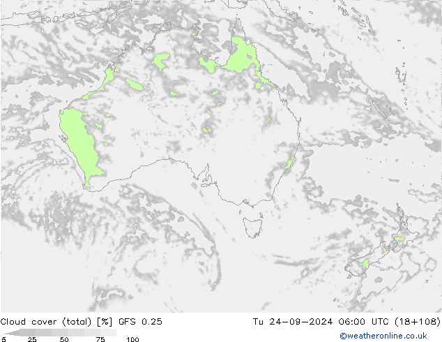 Cloud cover (total) GFS 0.25 Tu 24.09.2024 06 UTC